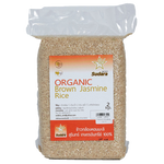 Organic brown jasmine rice from Sudara, showcasing freshly cooked rice grains in a natural setting.