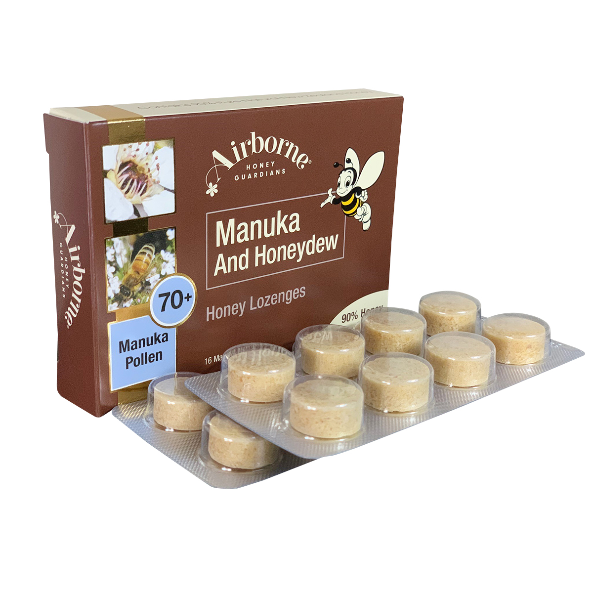 Airborne Manuka and Honeydew Lozenges, confectionery snacks, with golden lozenges and natural honeydew flavor.