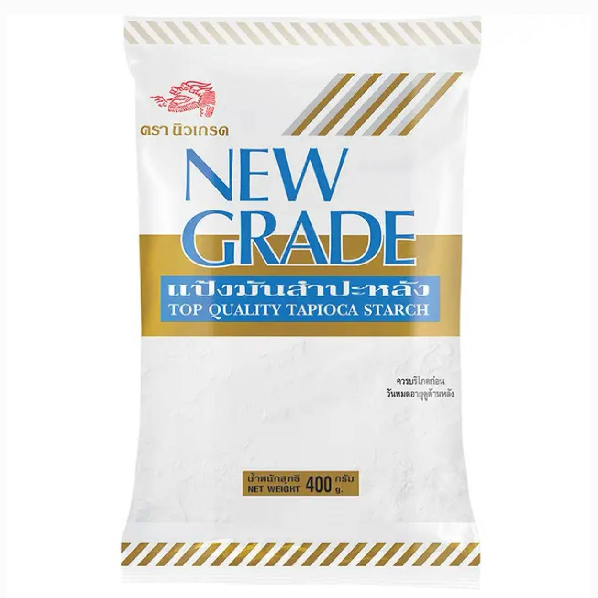 Bag of New Grade Tapioca Flour for cooking and baking, showcasing the grocery product with a clear label and bright packaging.