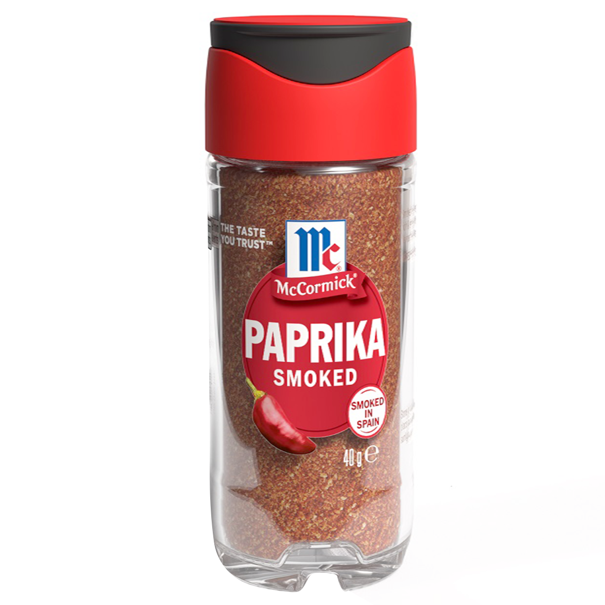 Smoked McCormick Paprika in a spice jar, showcasing vibrant red powdered spice used for flavoring and garnishing dishes.