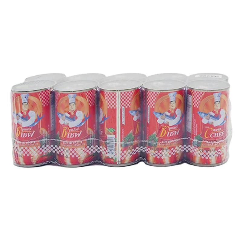 Cans of Super C Chef Sardines in Tomato Sauce, 155ml, stacked in a grocery store display.