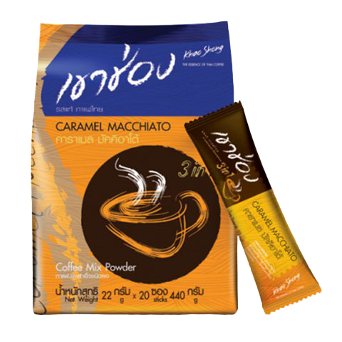 Khao Shong Caramel Macchiato 3-in-1 drink mix in a colorful packet, ready to prepare a sweet, caramel-flavored coffee beverage.