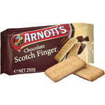 Arnott's Choc Scotch Fingers confectionery snacks, showing chocolate-coated biscuit fingers with a chocolate drizzle topping.
