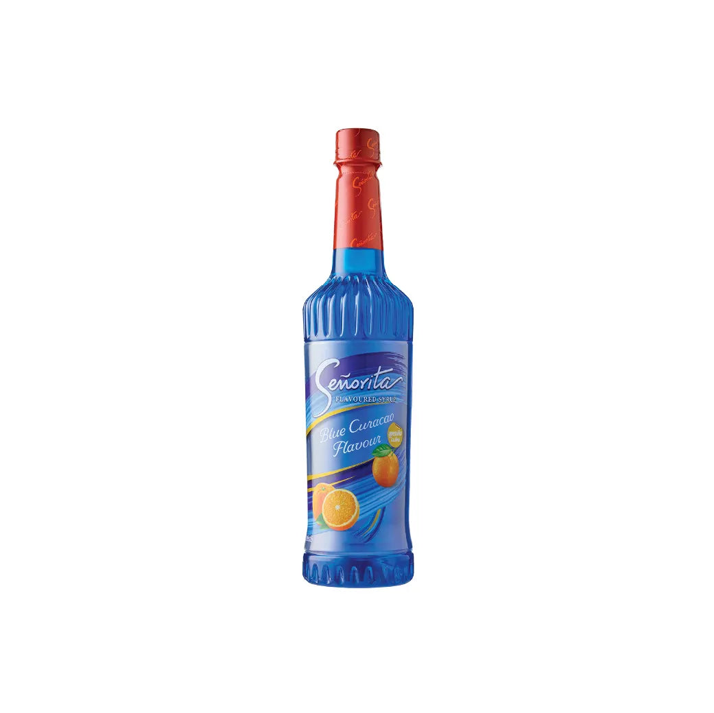 Senorita Blue Curacao flavored syrup bottle, 750ml, for cocktails and beverages, in a clear glass container with a blue liquid inside.