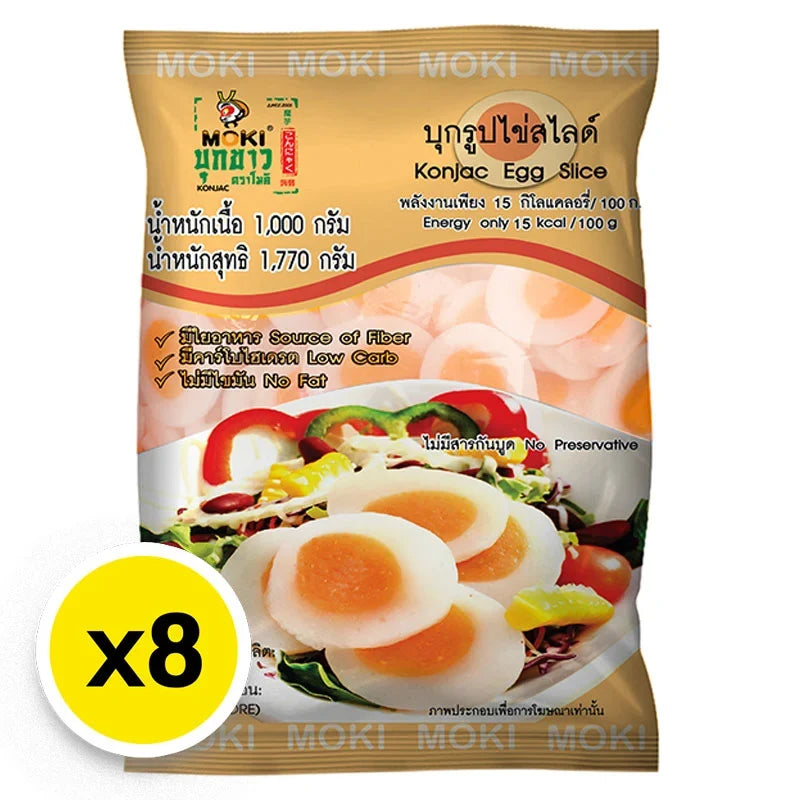 Moki Konjac Egg Slice 1kg, dry grocery product, showing a close-up of the sliced konjac eggs in the package.