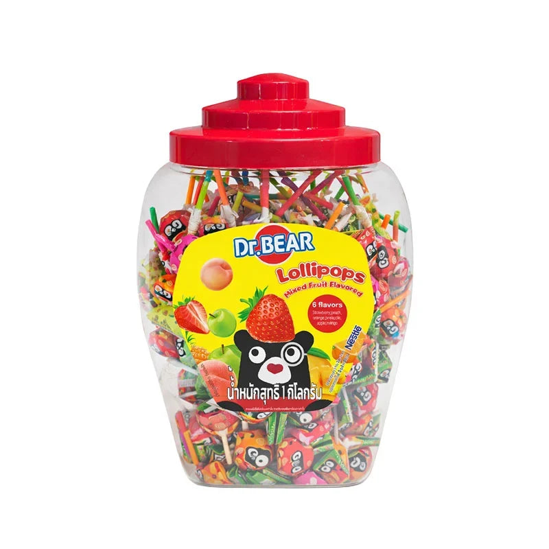 DR.BEAR Lollipop Mixed Fruit 1kg, colorful fruit-flavored candies in a transparent bag, perfect for snacks and confectionery.