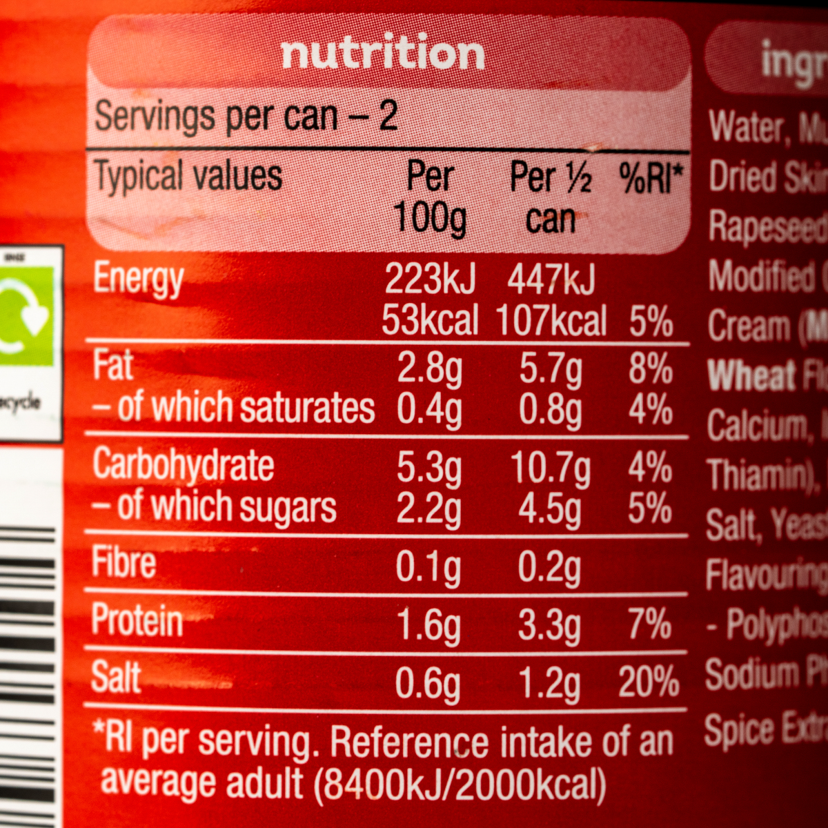 Heinz Cream of Mushroom Soup in a can, showing the label with mushroom images and product name.
