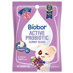Biobor Active Probiotics Gummy Bears in grape flavor, colorful confectionery snacks with fruity gummy bears on a white background.