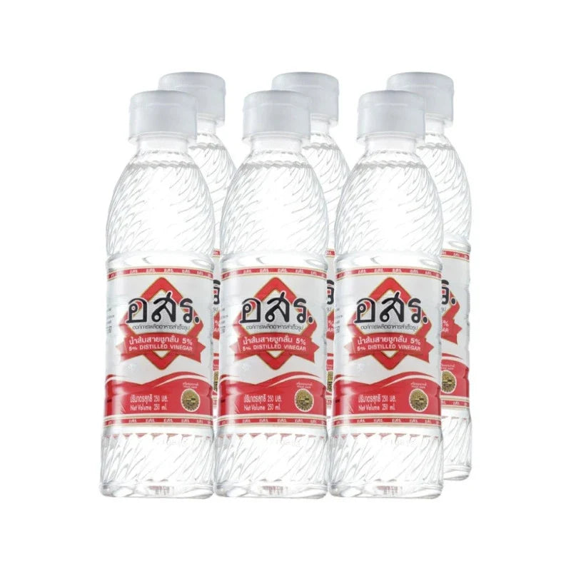 Aor Sor Ror distilled vinegar 5% in clear glass bottle, label with product name and brand, on a plain background.