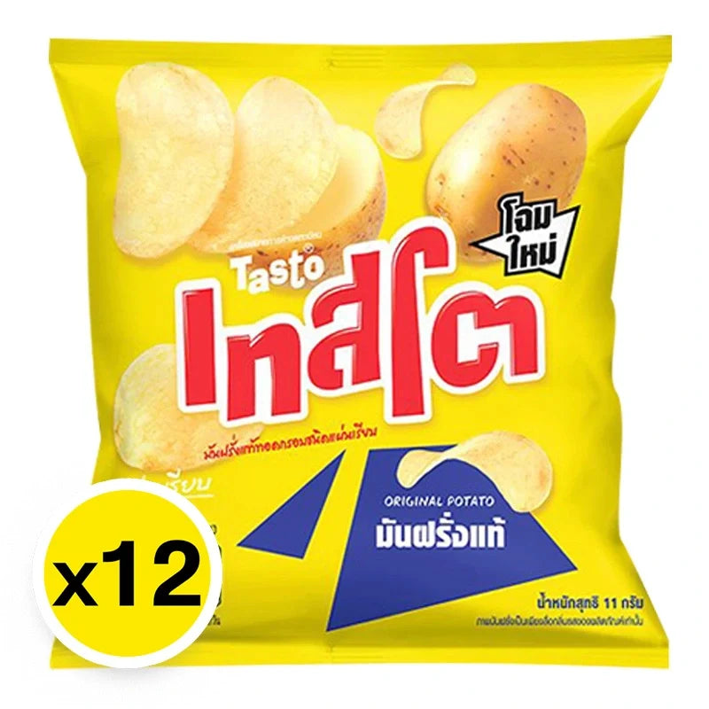 Tasto Potato Chips Salt flavor, 11g snack packs, crispy potato chips in a colorful bag, ideal for dry grocery snack selection.
