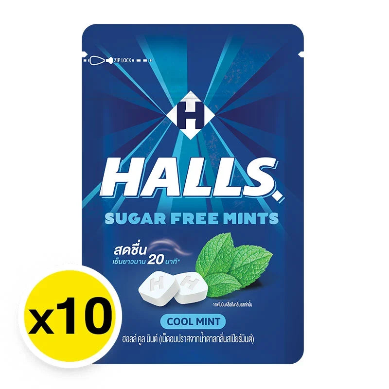 Halls Mints Cool Mint Candy 15.4g pack, featuring individually wrapped refreshing mint candies from HALLS for dry grocery snacks.
