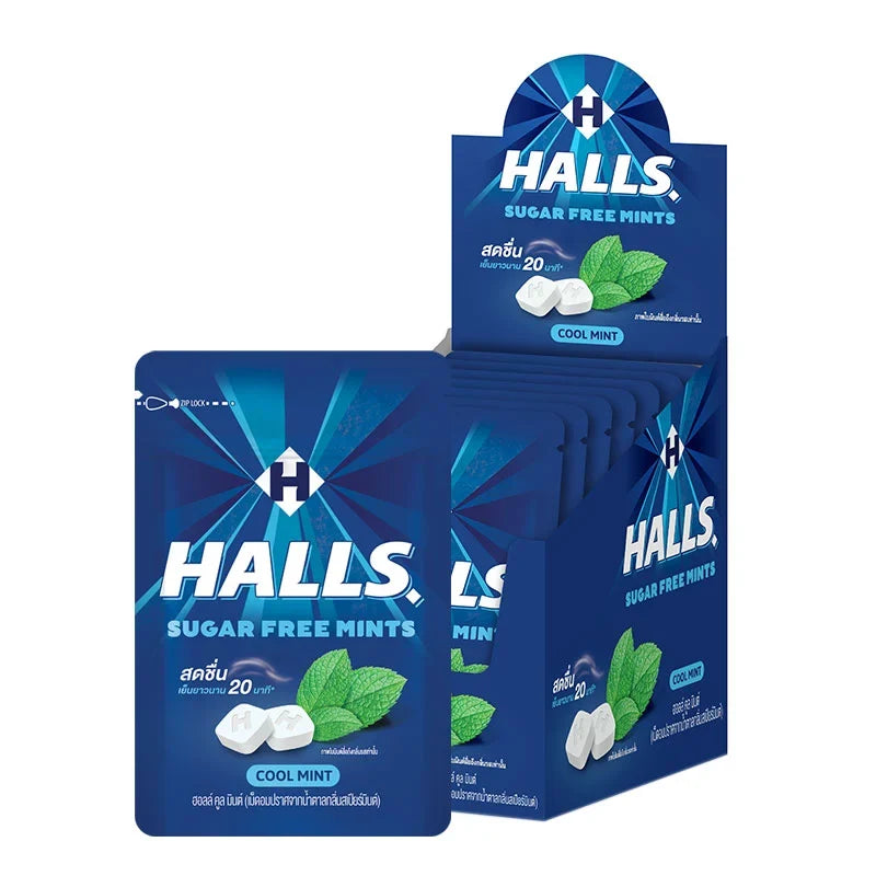 Halls Mints Cool Mint Candy in a 15.4g packet, part of dry grocery snacks and confectionery by HALLS.