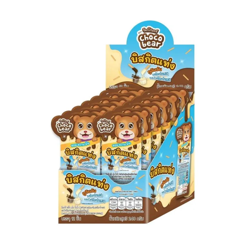 Choco Bear Stick DUO Dipping snacks, 20g x12 packs, chocolate-coated confectionery with bear-shaped treats in a colorful package