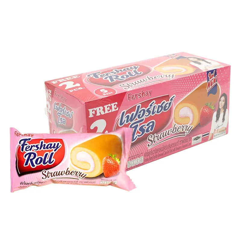 Fershay Cake Roll Strawberry 20g snack pack, dry grocery confectionery, showing individually wrapped strawberry-flavored cake rolls.