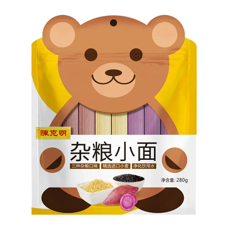 Chen KE Ming Multigrain Noodles 280g package, dry grocery product with colorful label and transparent window showing noodles inside.