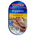 Canned Princes Kippers in sunflower oil, ready to eat, displayed in a clear metal tin with the product label visible.