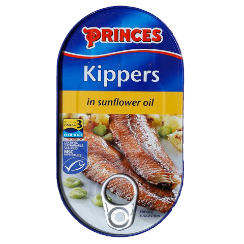 Canned Princes Kippers in sunflower oil, ready to eat, displayed in a clear metal tin with the product label visible.