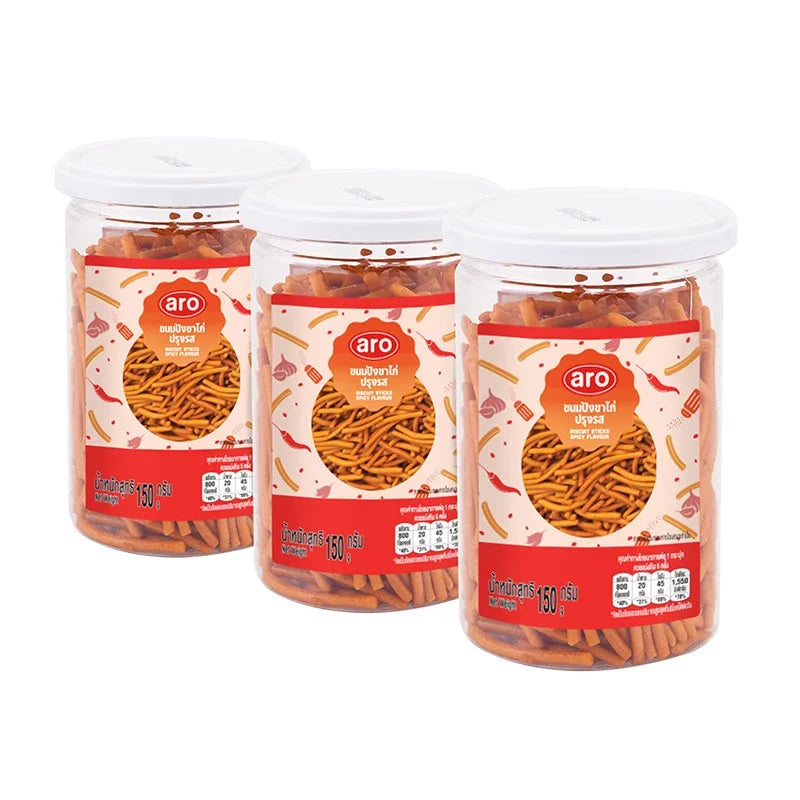Aro spicy biscuit sticks in a 150g pack, featuring crispy, seasoned snack sticks ideal for dry grocery and snack lovers.