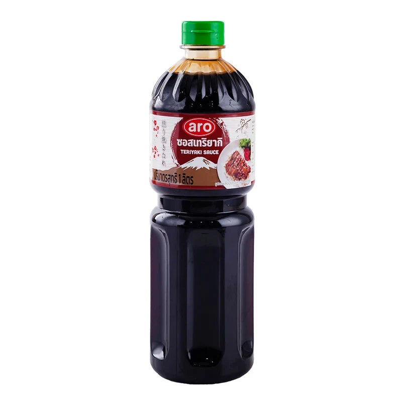 Aro Teriyaki Sauce 1L bottle, dry grocery product with a label featuring Japanese-inspired design and branding.