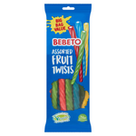 Bebeto Fruit Twists confectionery snacks in colorful twisted fruit-flavored candies, displayed in a clear bowl.