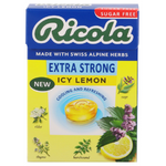 Ricola Icy Lemon Sugar-Free Candy showcasing lemon-flavored hard candies in a clear wrapper with the Ricola brand logo.