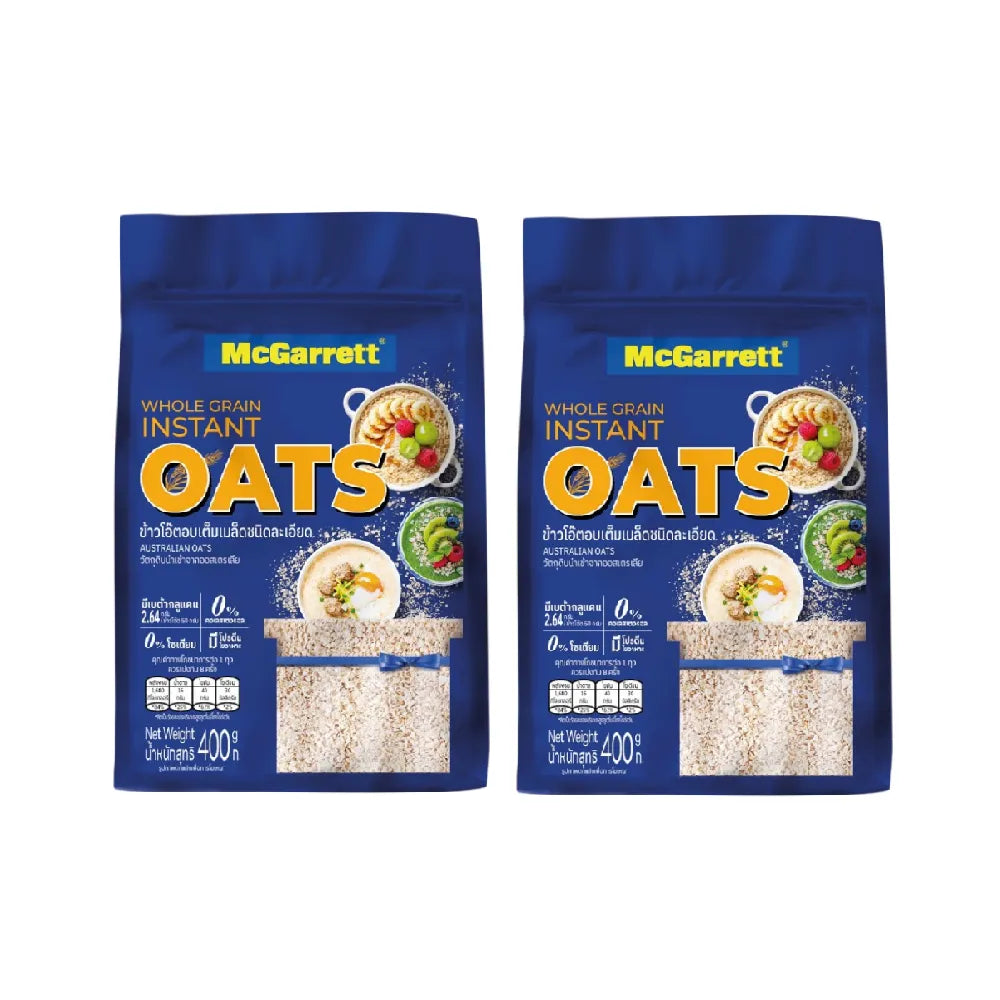 Mcgarrett Fine Oats 400g package showing dry oats in a clear bag, ideal for breakfast and baking.