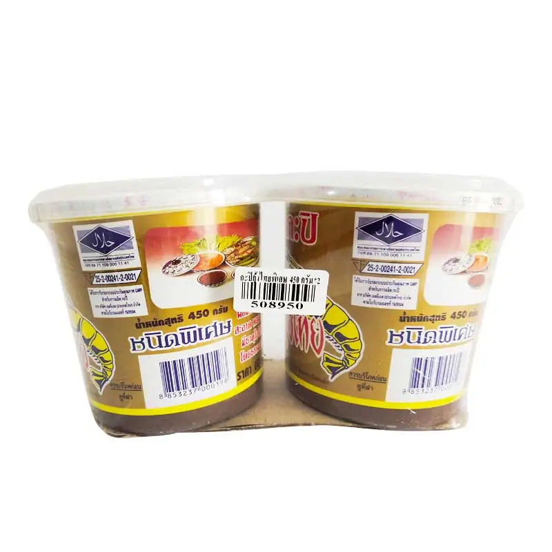 Kung Thai Shrimp Paste Special 450g, two packs of dry grocery seafood condiment with a dark, paste-like texture in a clear container.