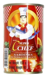Canned Super C Chef sardines in tomato sauce with fish and tomato slices visible in a metal can.