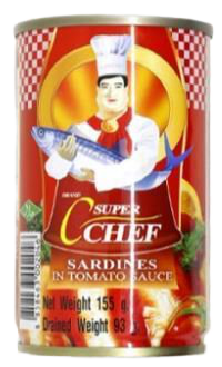 Canned Super C Chef sardines in tomato sauce with fish and tomato slices visible in a metal can.