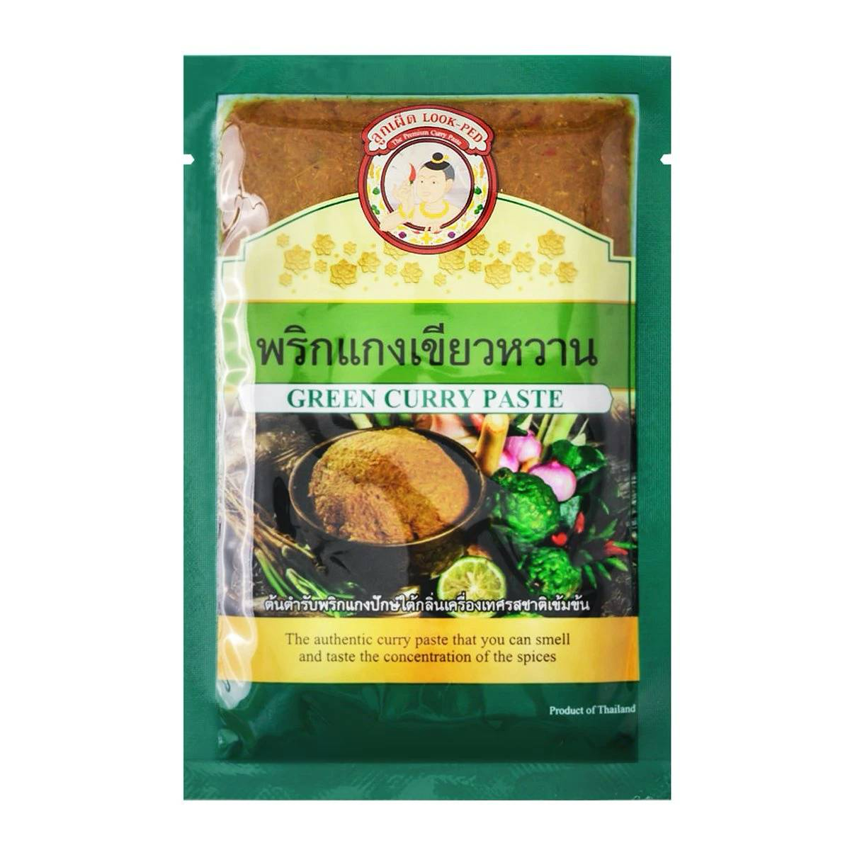 Look-Ped Green Curry Paste in a jar, vibrant green color, used for cooking flavorful Thai green curry dishes.