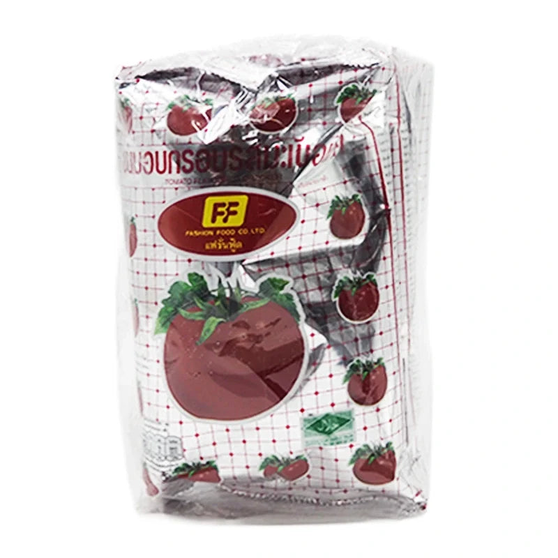 FF Cracker Snack Tomato Crispy 58g, pack of three, showing golden crispy tomato-flavored crackers in a clear bag.