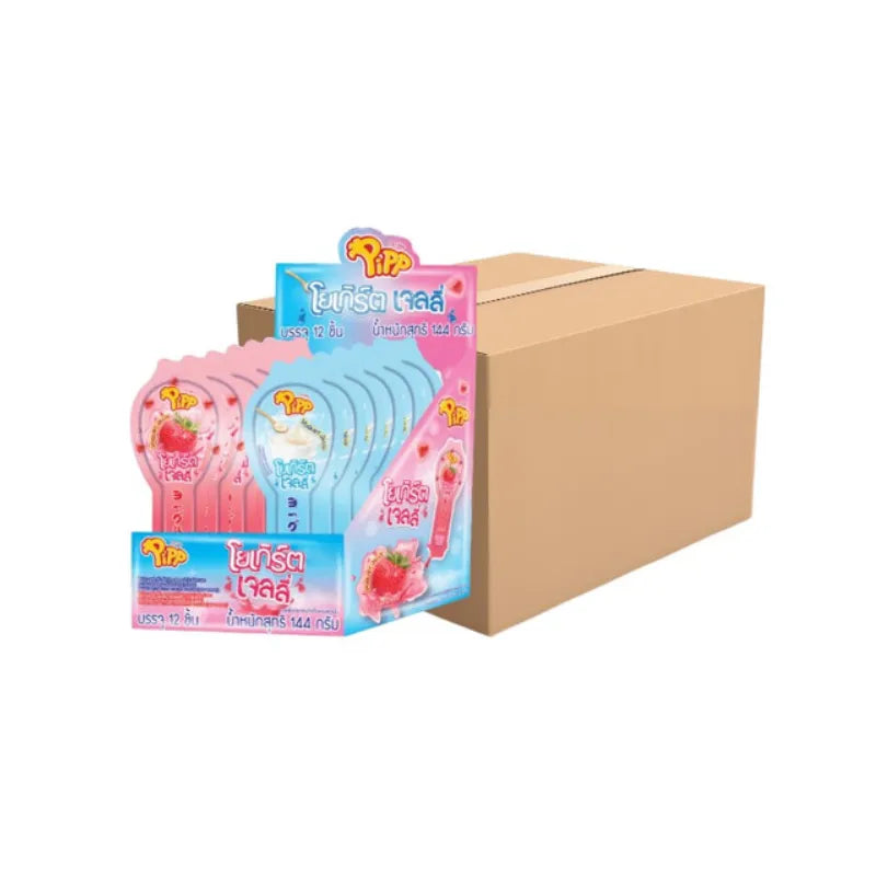 PIPP Pipp Yogurt Jelly Stick flavor pack, 12g each, 12-pack, snack confectionery with colorful jelly sticks in a box.
