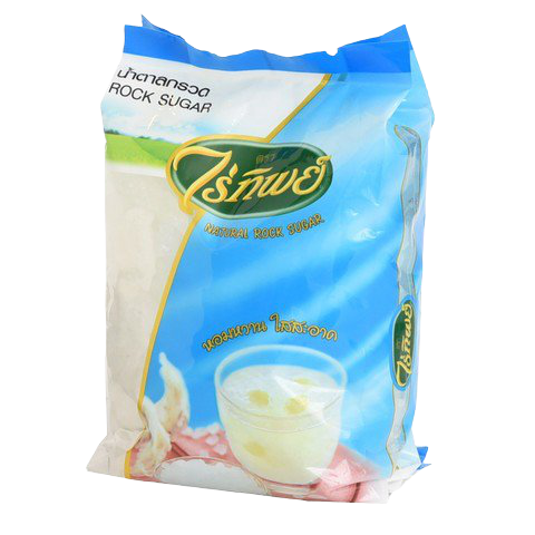 Raitip Rock Sugar granules in a clear glass jar, showcasing the large, crystalline sugar pieces used in cooking and baking.