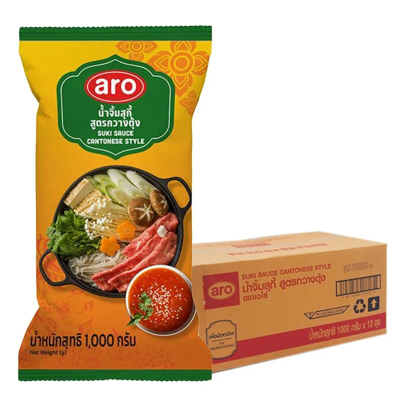 ARO Sukiyaki Sauce 1kg bottle, part of a 12-pack, shown in clear plastic container for dry grocery use.