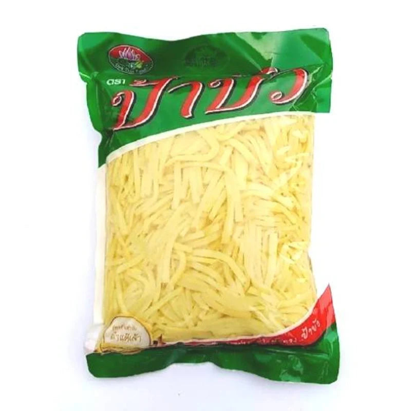 PA BUA Boiled Bamboo Shoot strips in an 800g package, dry grocery product with fresh bamboo shoot slices on a white background.