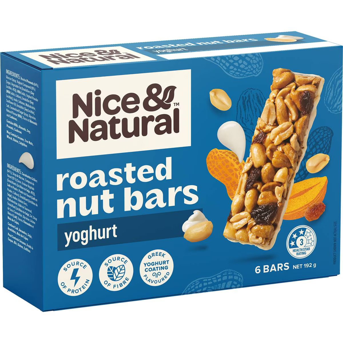 Nice & Natural Roasted Nut Bars with Yoghurt flavor, showing crunchy nut and yogurt coating in a grocery product image.