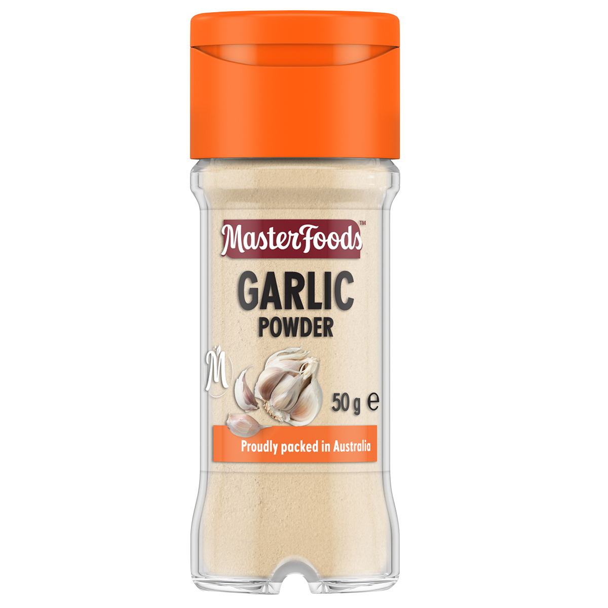 Jar of Masterfoods garlic powder for cooking, with fresh garlic cloves and spice container visible on a kitchen countertop.