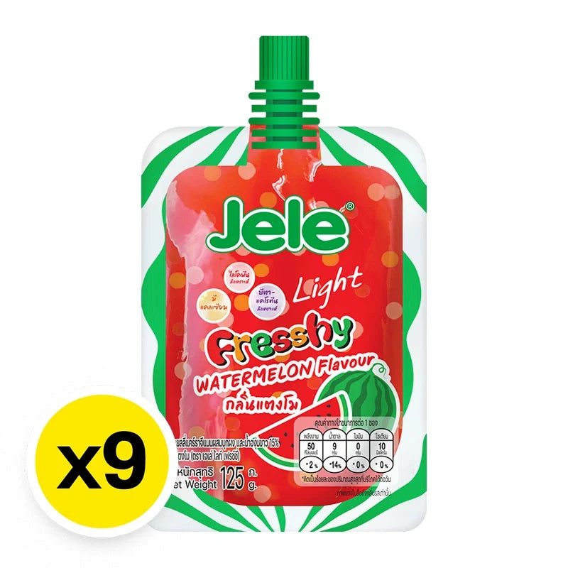 Jele Light Fresshy Watermelon snack pack, 125g x 9, colorful watermelon-shaped confectionery treats in a clear plastic bag.
