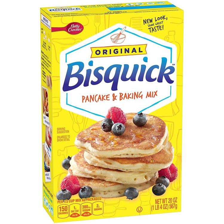 Betty Crocker Bisquick pancake and baking mix box, showing the product packaging with the brand logo and mix ingredients.