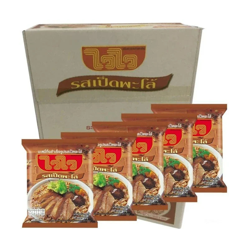 WAIWAI Duck In Soy Sauce Flavor instant noodles in 60g package, dry grocery product with cooked noodles and seasoning packet visible