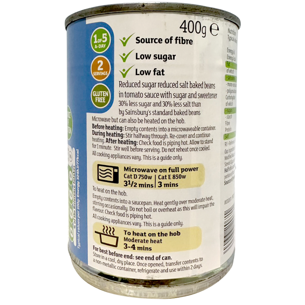Sainsbury's reduced sugar and salt baked beans in a can, ready to serve, with a label showing nutritional information.