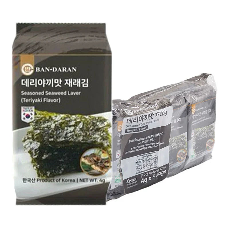 Bandaran seasoned seaweed in teriyaki flavor, dry grocery snack, showing crispy, seasoned seaweed strips in a close-up image.