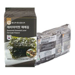 Bandaran seasoned seaweed in teriyaki flavor, dry grocery snack, showing crispy, seasoned seaweed strips in a close-up image.