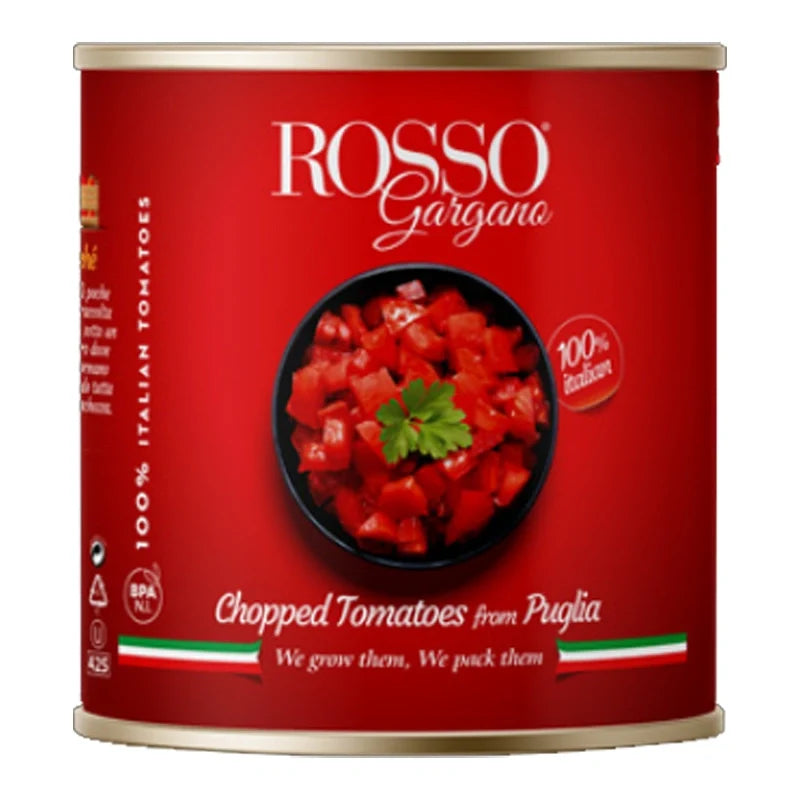 ROSso Chopped Tomatoes Sauce in 2.5kg dry grocery pack, featuring a jar with red tomato sauce and label on a white background.