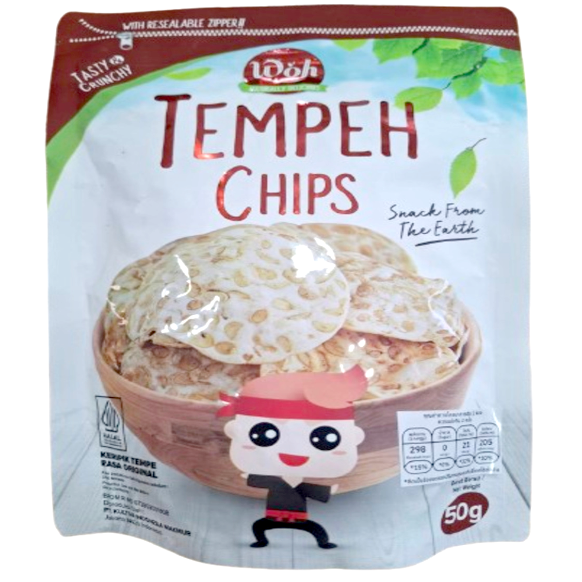 Woh Tempeh Chips Original, crunchy confectionery snack with crispy tempeh pieces in original flavor, served in a bowl.