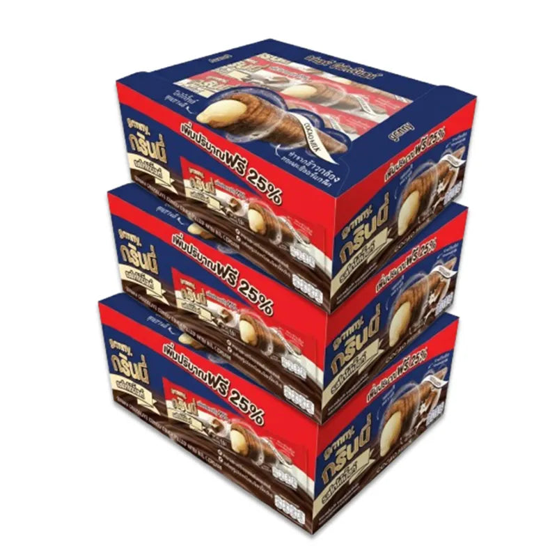 Pack of three Grinny chocolate-coated snacks filled with milk cream, ideal for sweet snack lovers, in a dry grocery setting.