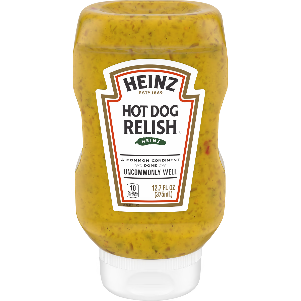 Heinz Hot Dog Relish jar with label, showcasing the condiment used for hot dogs and sandwiches.