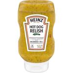 Heinz Hot Dog Relish jar with label, showcasing the condiment used for hot dogs and sandwiches.