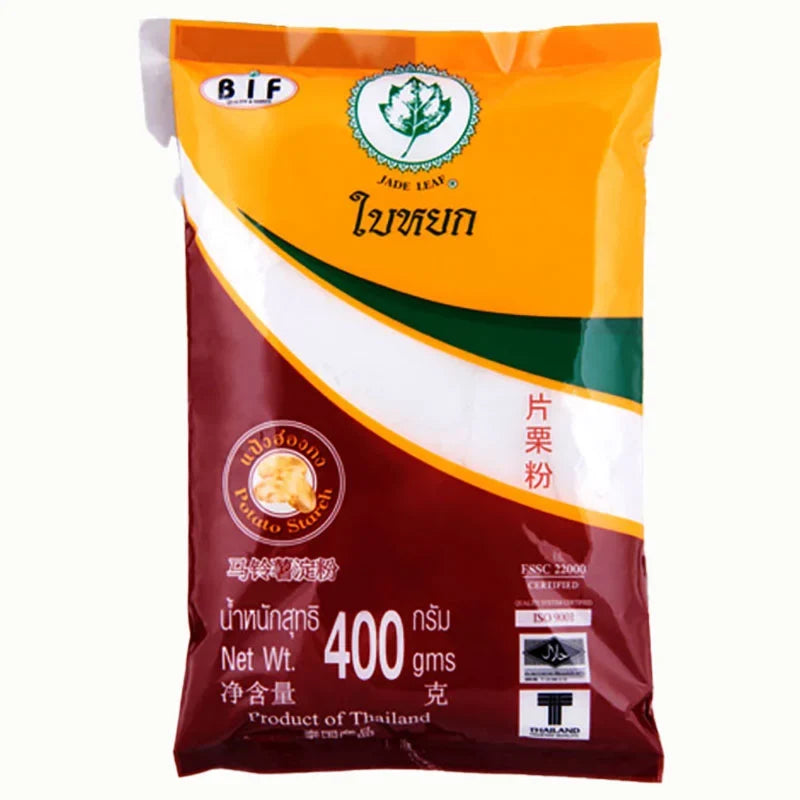Jade Leaf Jade Leaf Potato Starch 400g package showing the dry grocery product with green and white packaging.