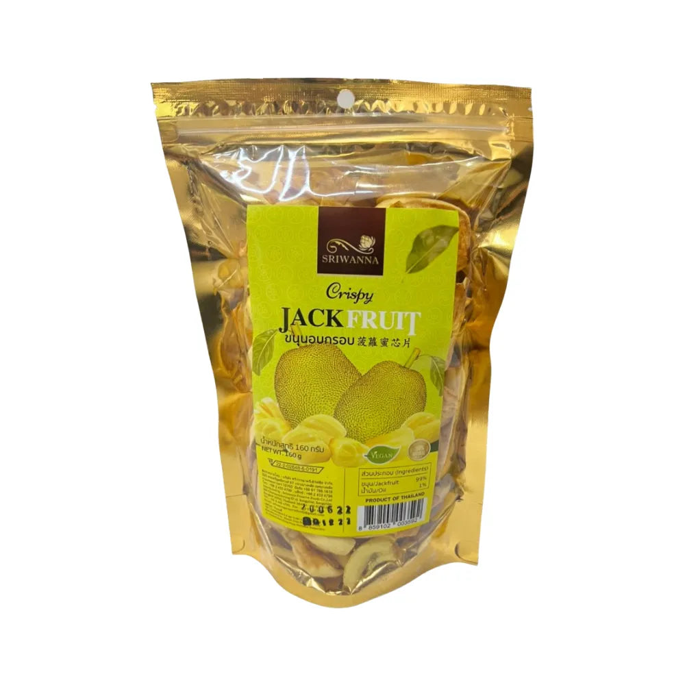 Sriwanna Freeze Dried Jackfruit in a clear bag, showcasing golden, crunchy pieces of dried jackfruit from SRIWANNA dry grocery collection.
